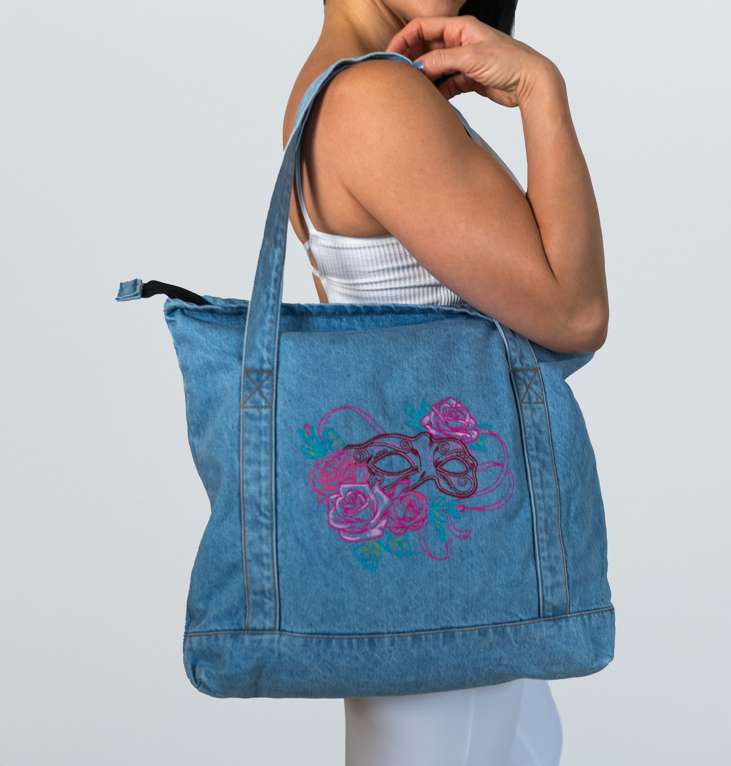Venetian Carnival Mask in Bloom Light Blue Large Denim Tote Bag