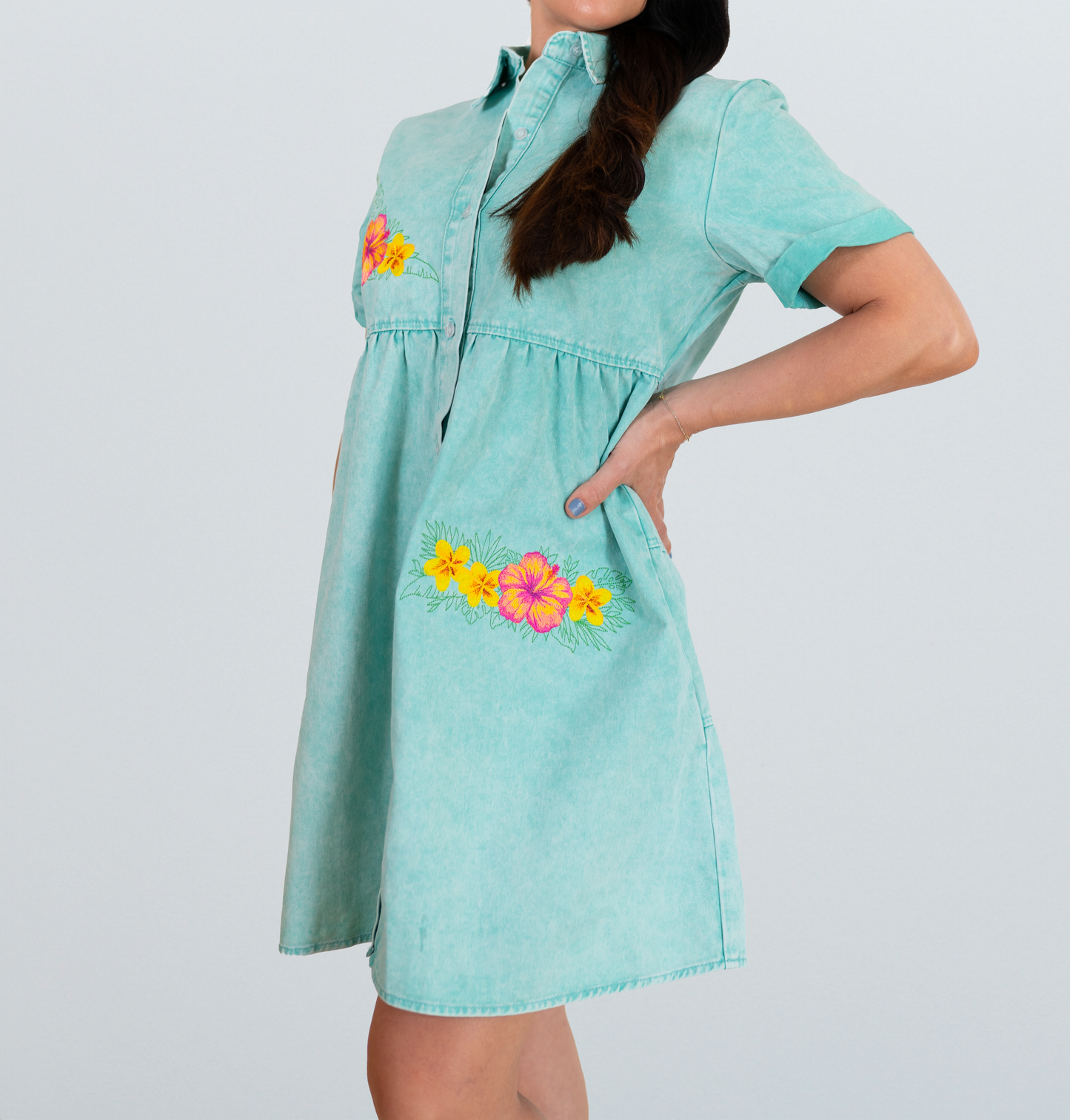 Hibiscus Flower Green Denim Dress