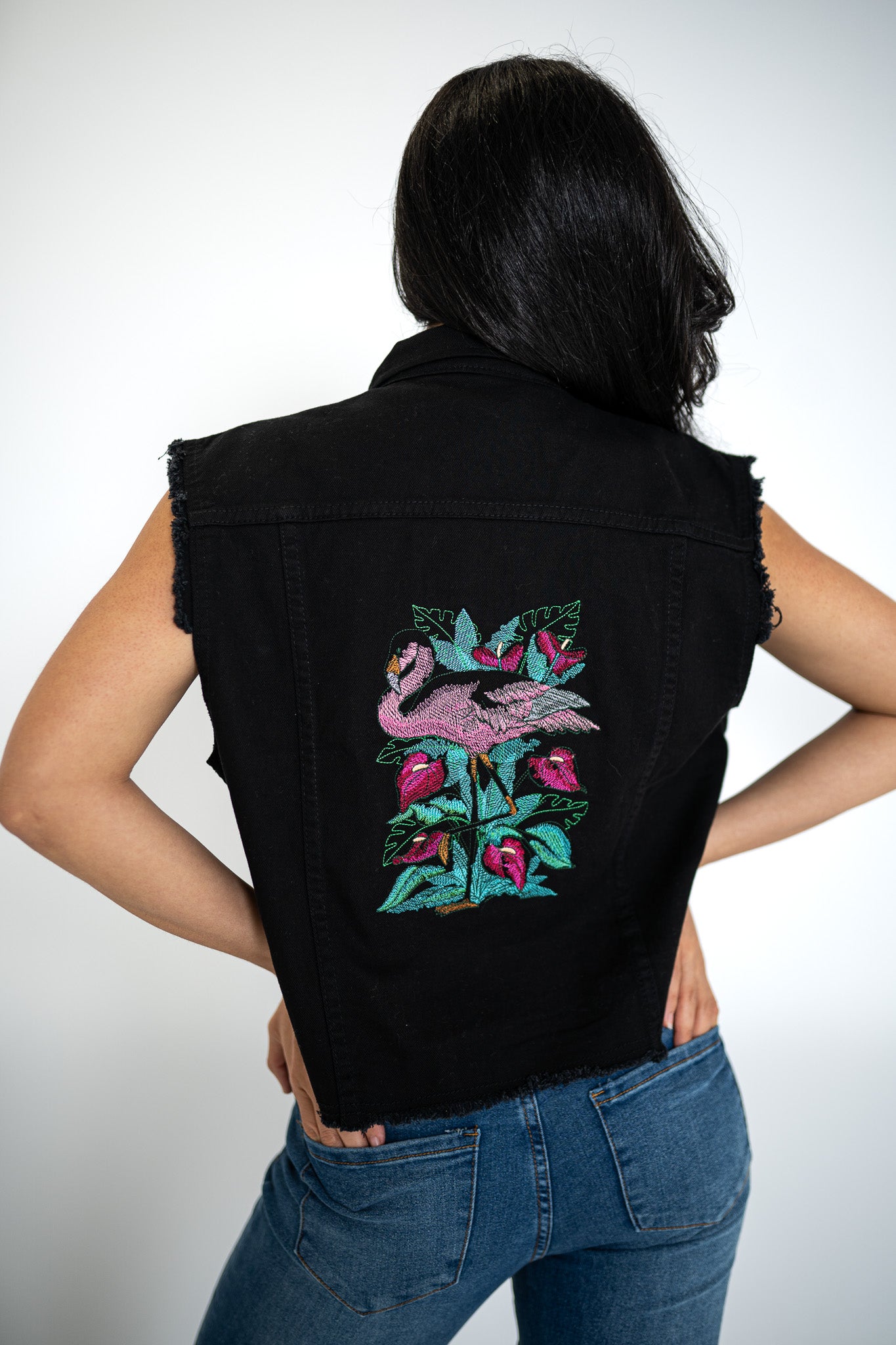 Tropical Flamingo Black Denim Vest
