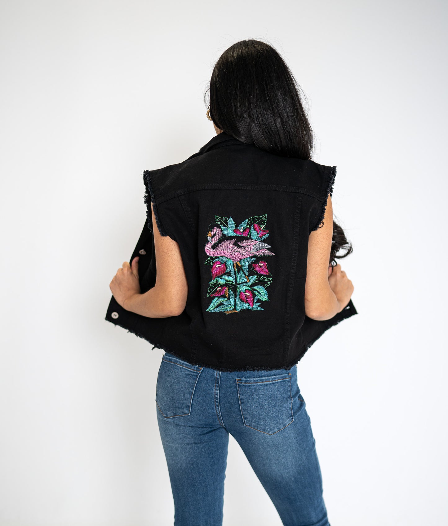 Tropical Flamingo Black Denim Vest