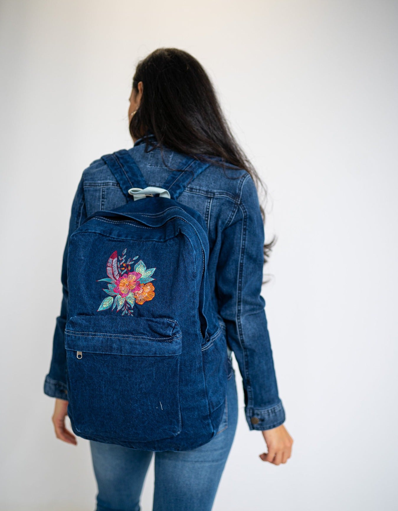 Dazzling Wild Rose Bouquet Dark Blue Denim Backpack