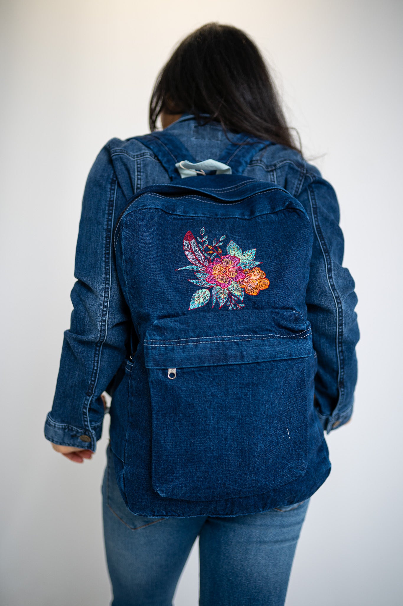 Dazzling Wild Rose Bouquet Dark Blue Denim Backpack