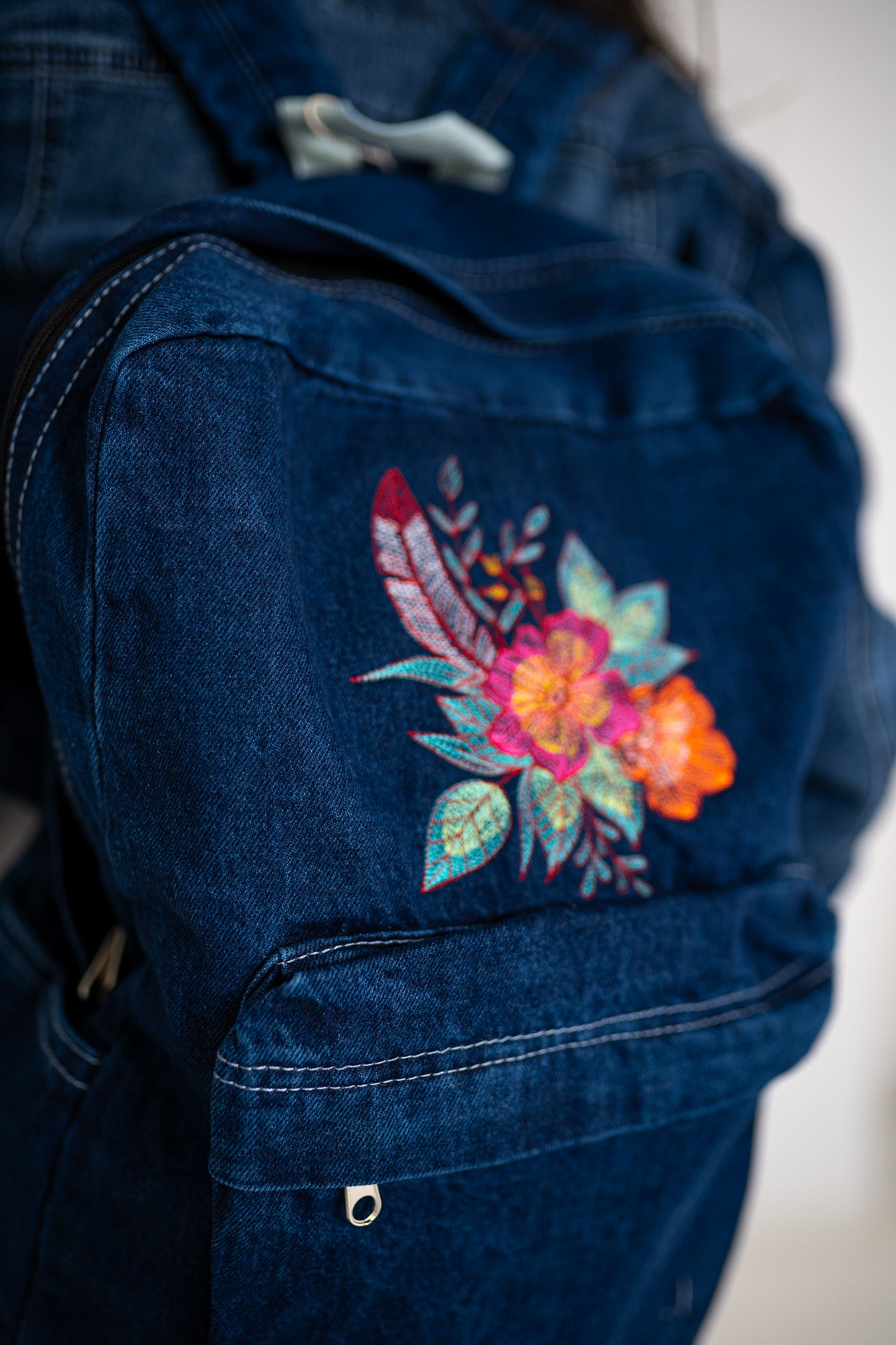 Dazzling Wild Rose Bouquet Dark Blue Denim Backpack