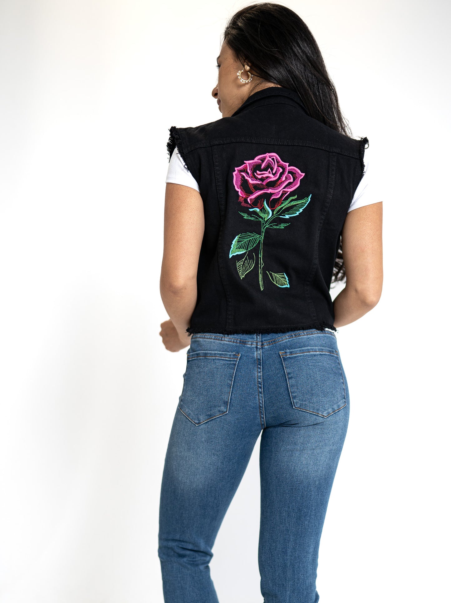 Romantic Rose Black Denim Vest