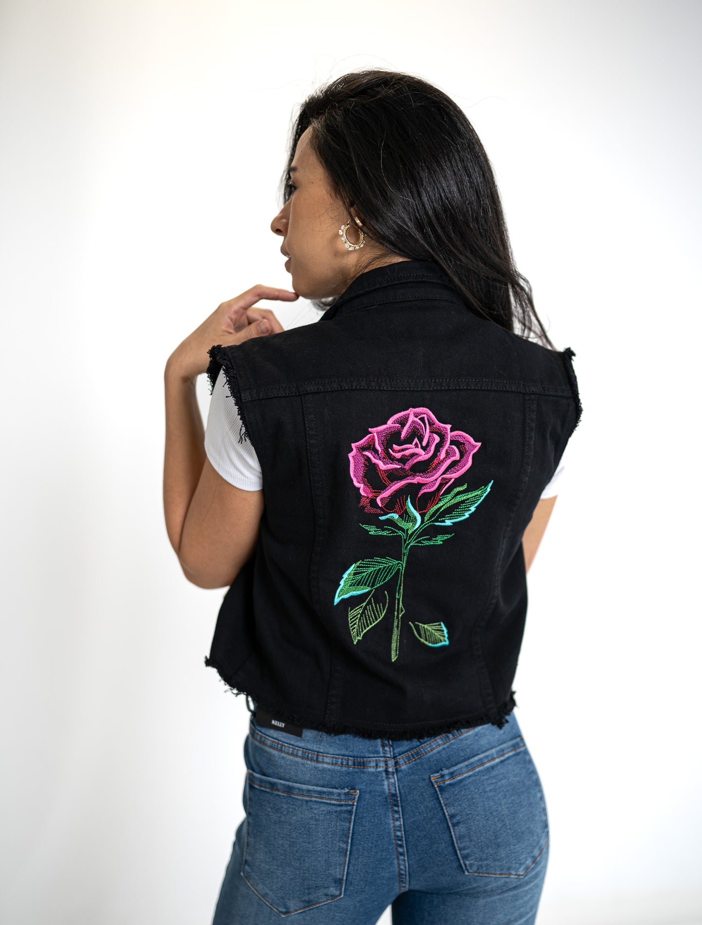 Romantic Rose Black Denim Vest