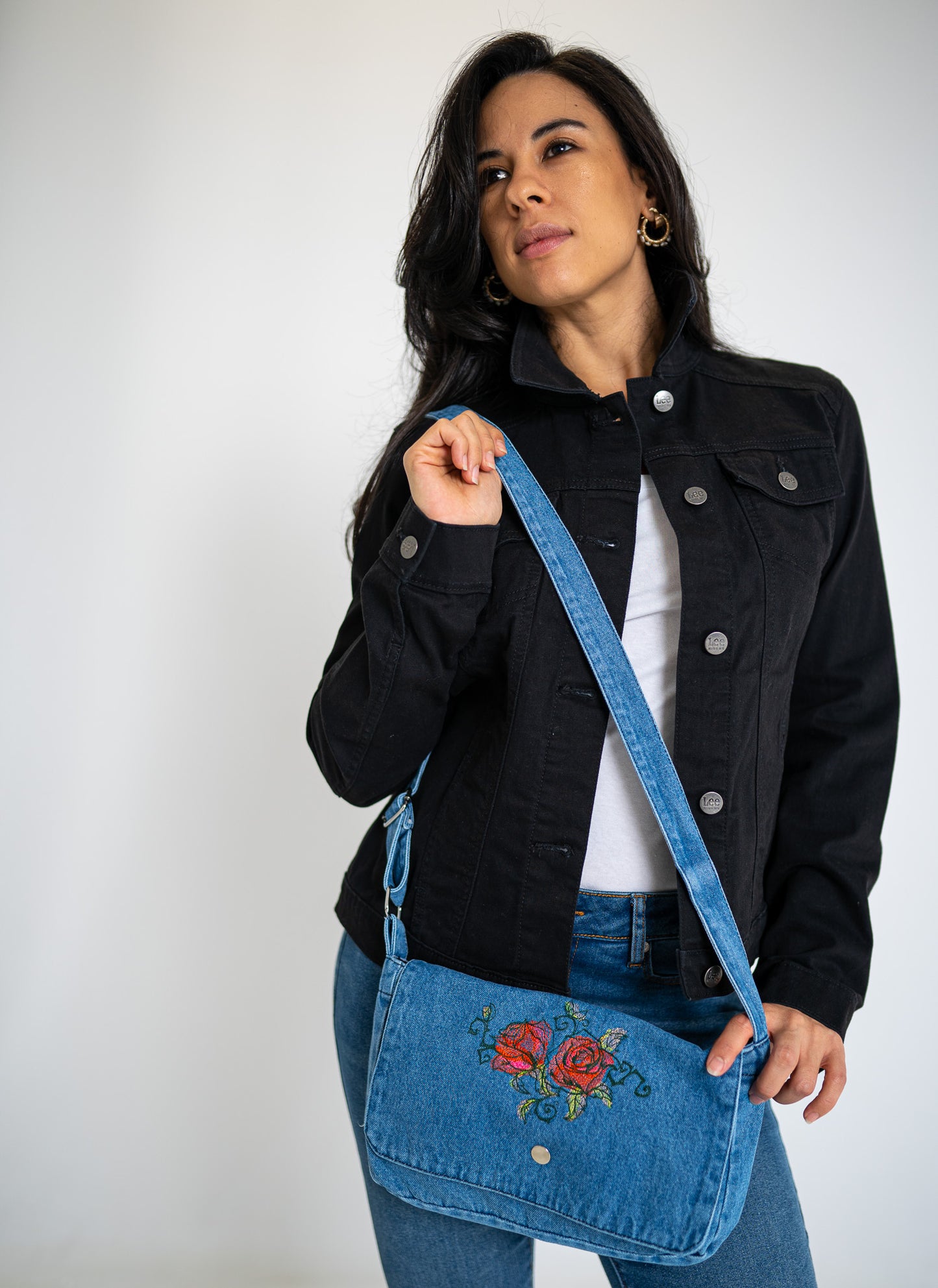 Painted Roses Light Blue Denim Flap Purse