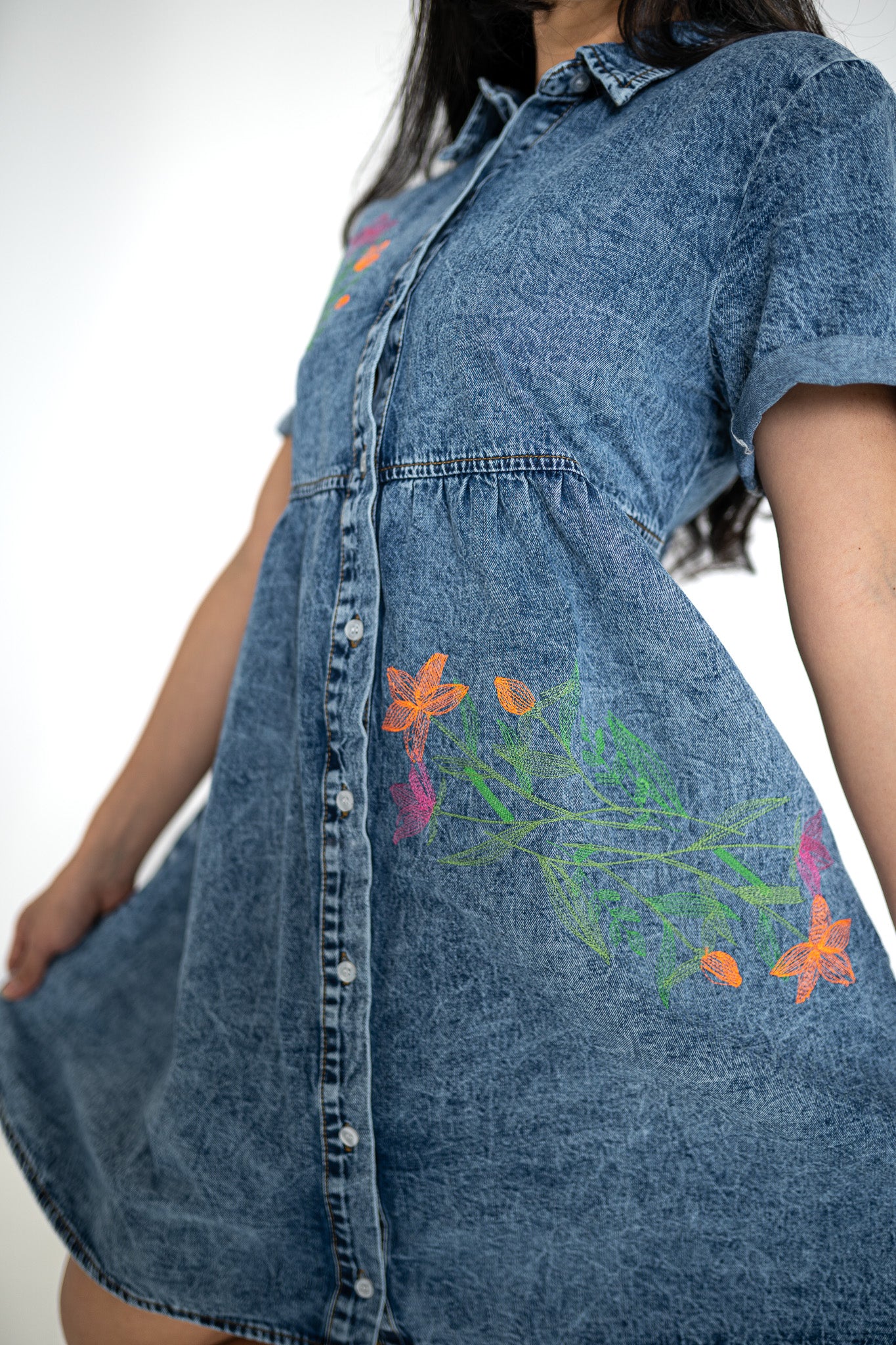 Delicate Wildflower Border Denim Dress