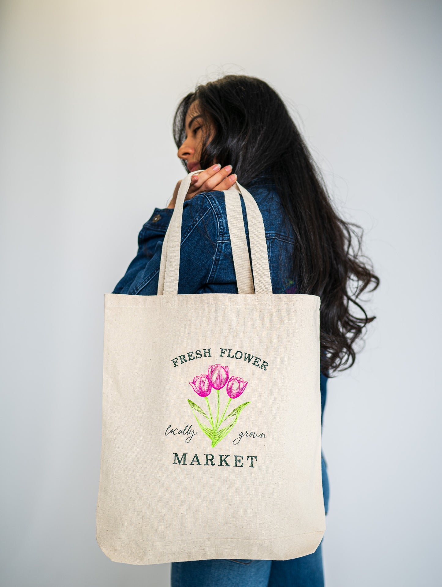 Spring Tulip Market Sign White Large Canvas Tote Bag