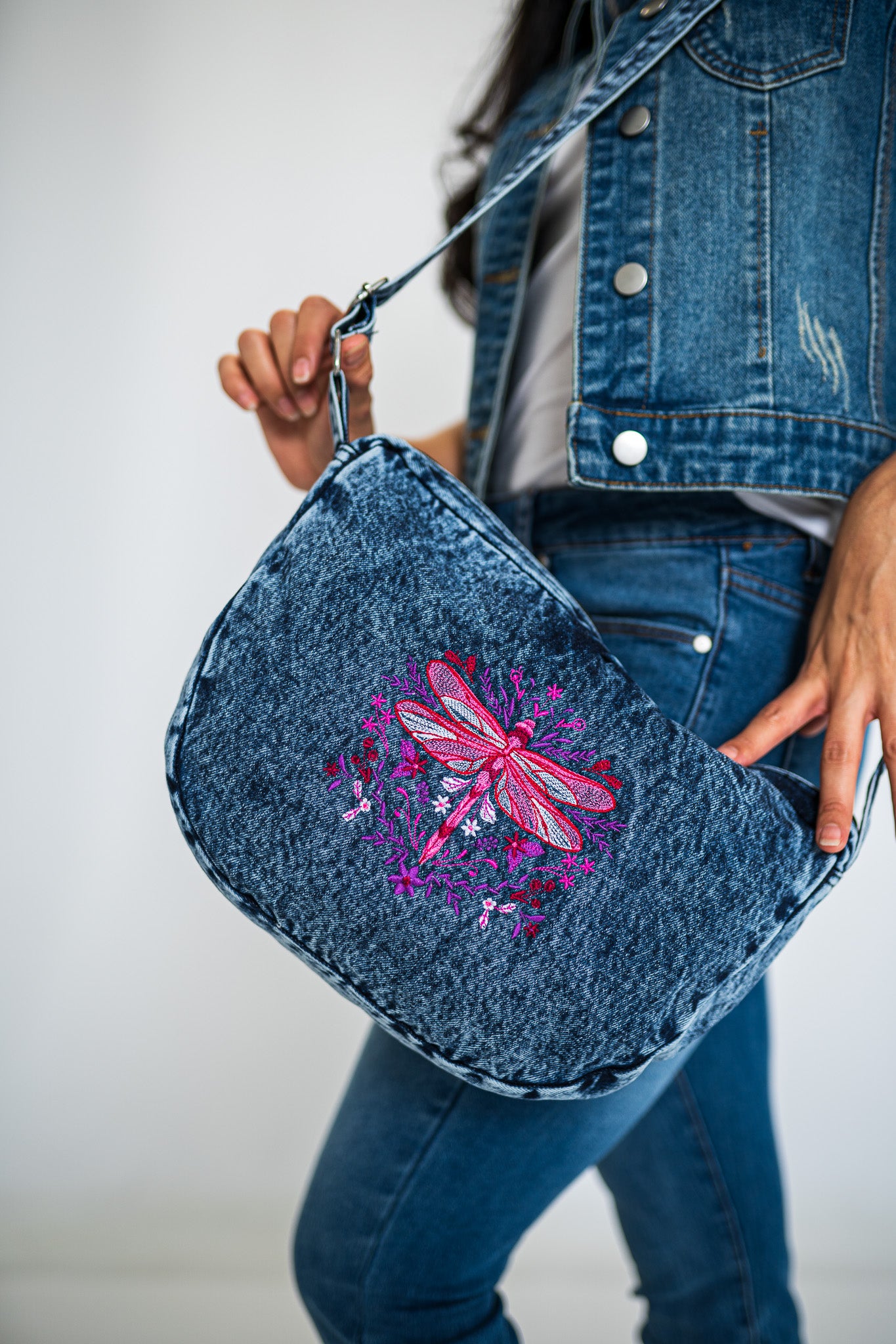 Botanical Dragonfly Dark Blue Zipper Top Denim Purse