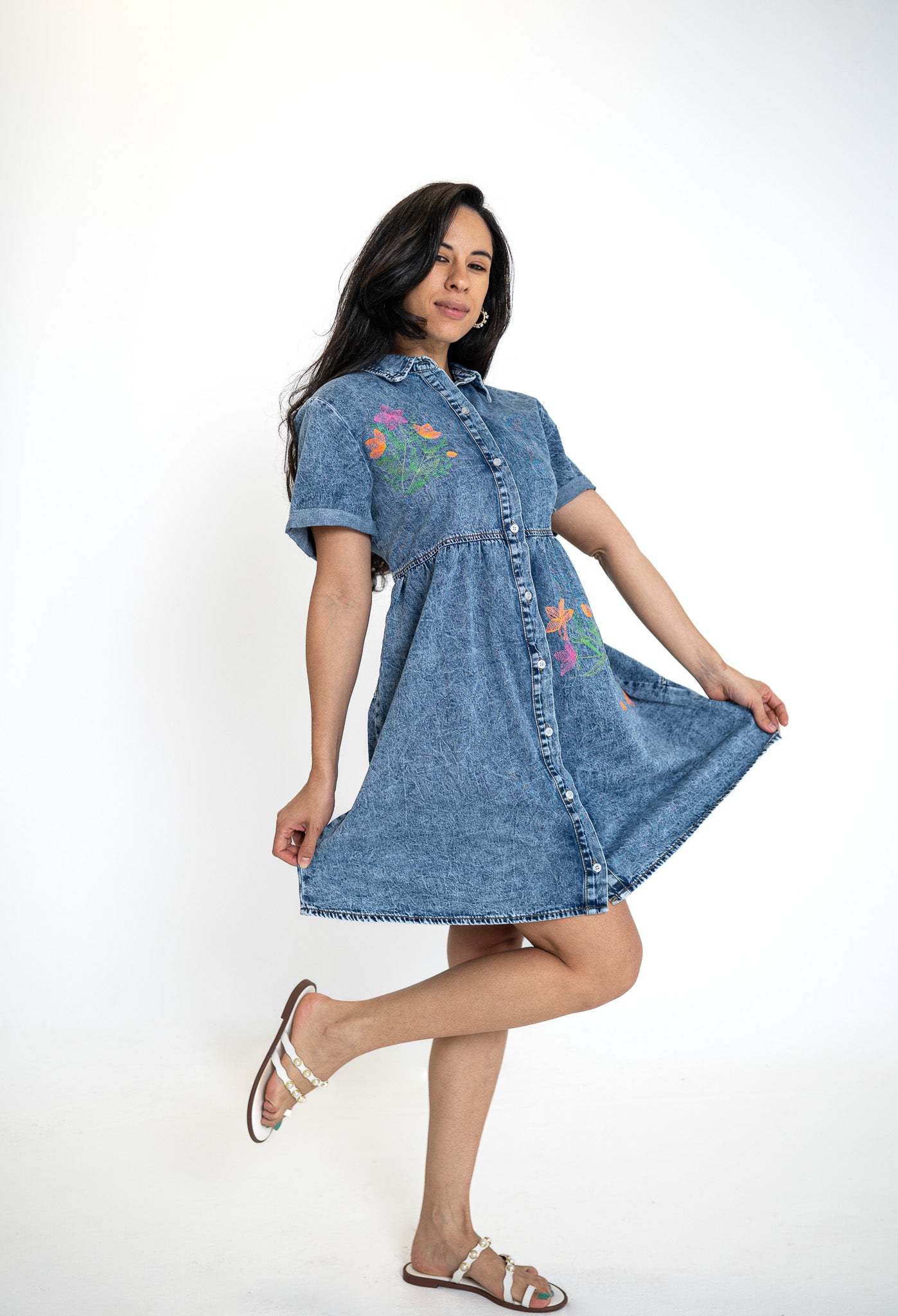 Delicate Wildflower Border Denim Dress
