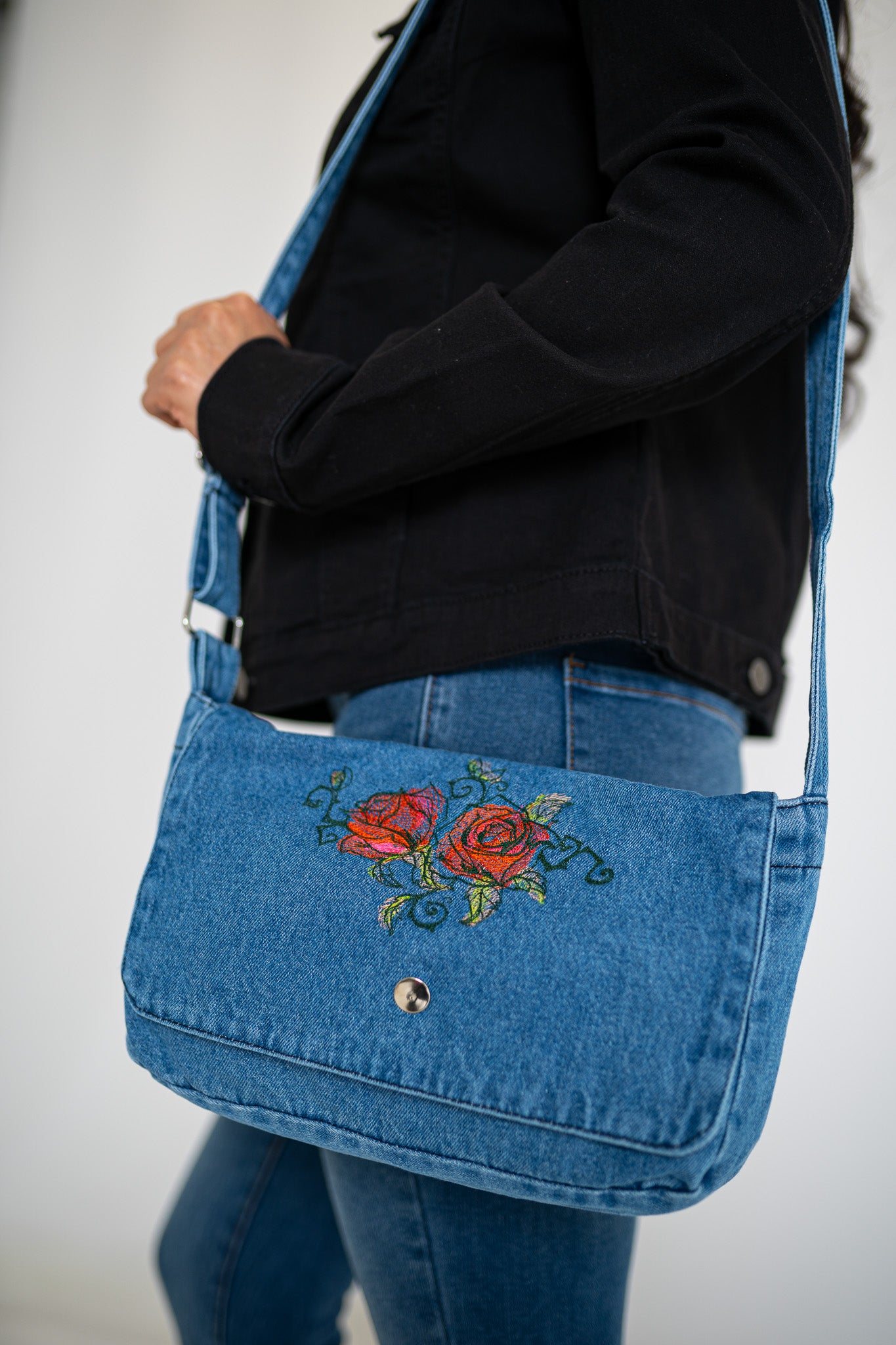 Painted Roses Light Blue Denim Flap Purse