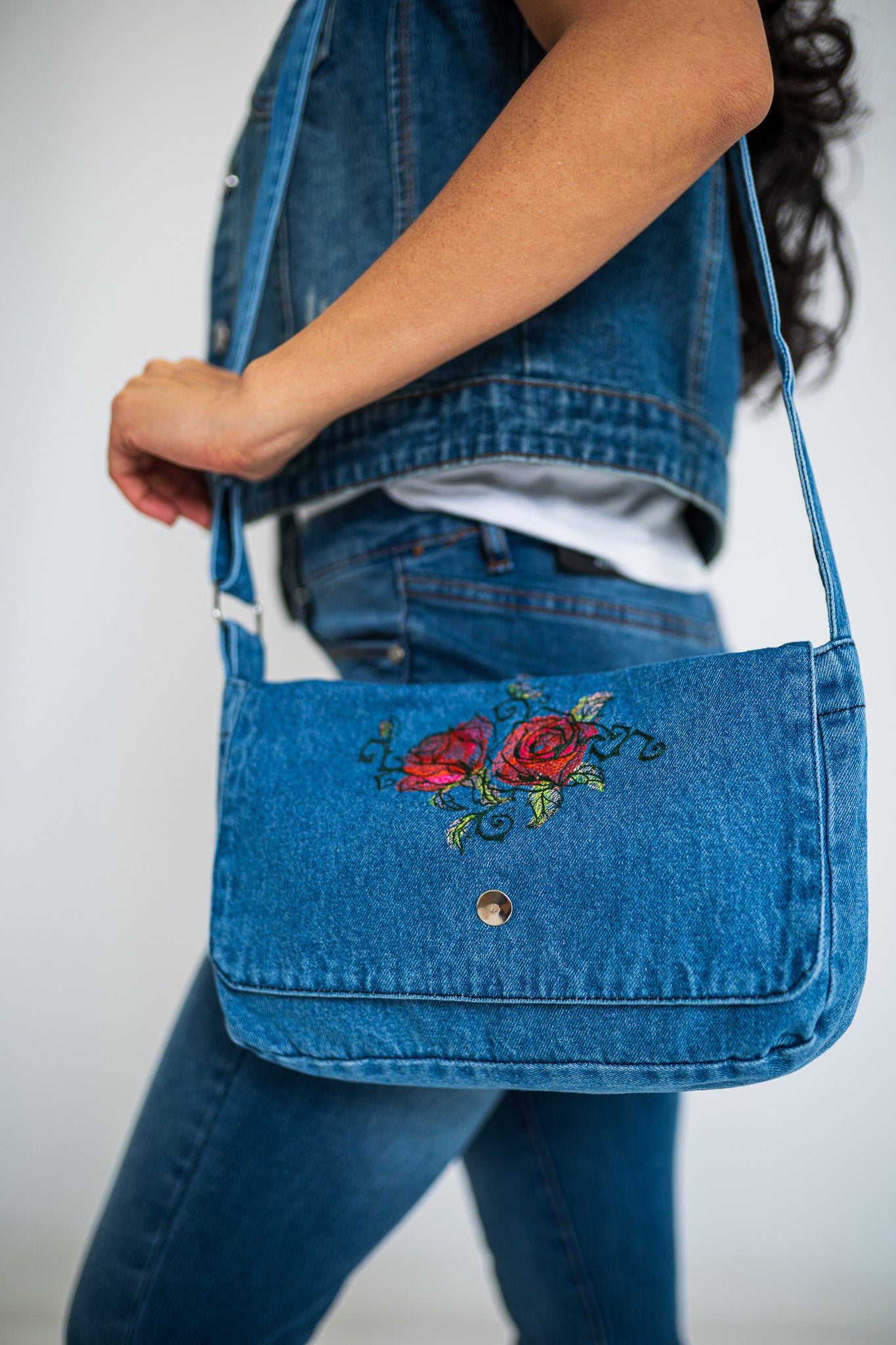 Painted Roses Light Blue Denim Flap Purse