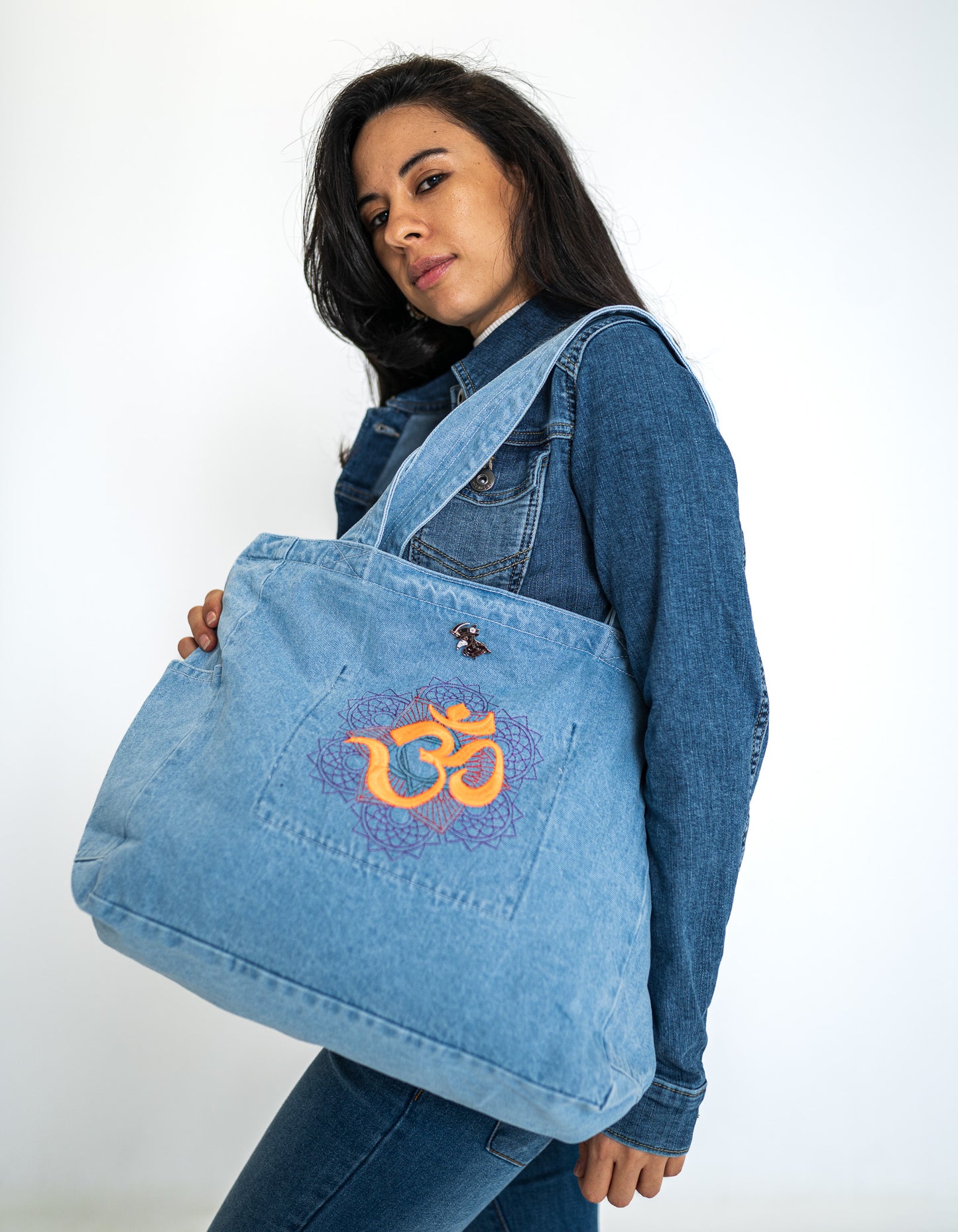 Om Light Blue Extra Large Denim Tote Bag