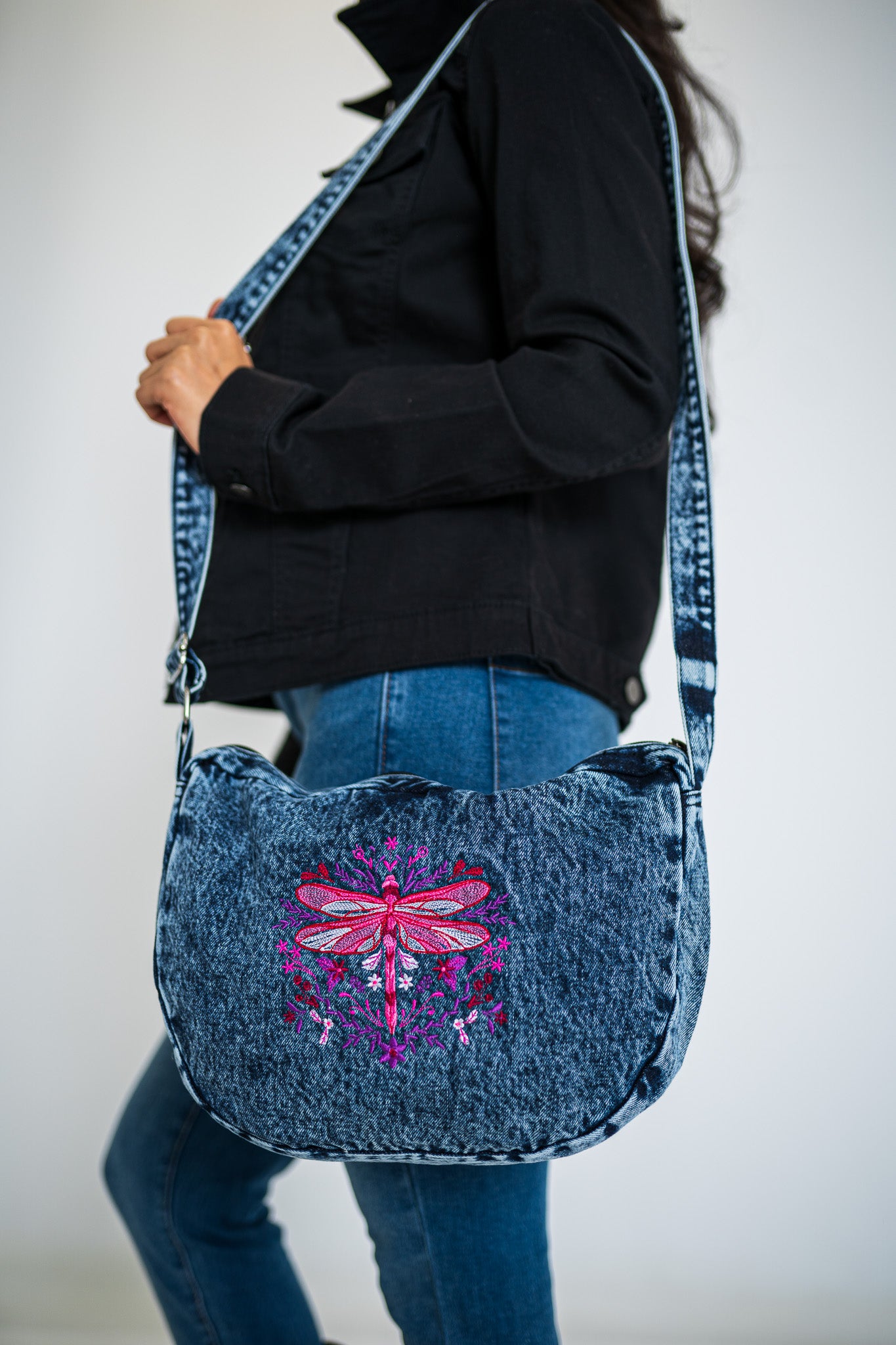Botanical Dragonfly Dark Blue Zipper Top Denim Purse