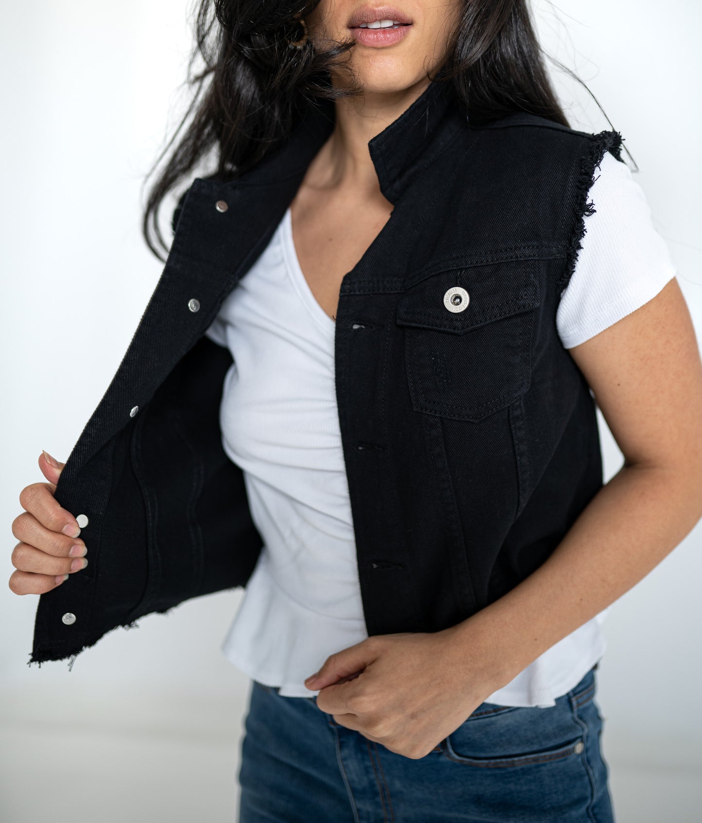 Romantic Rose Black Denim Vest