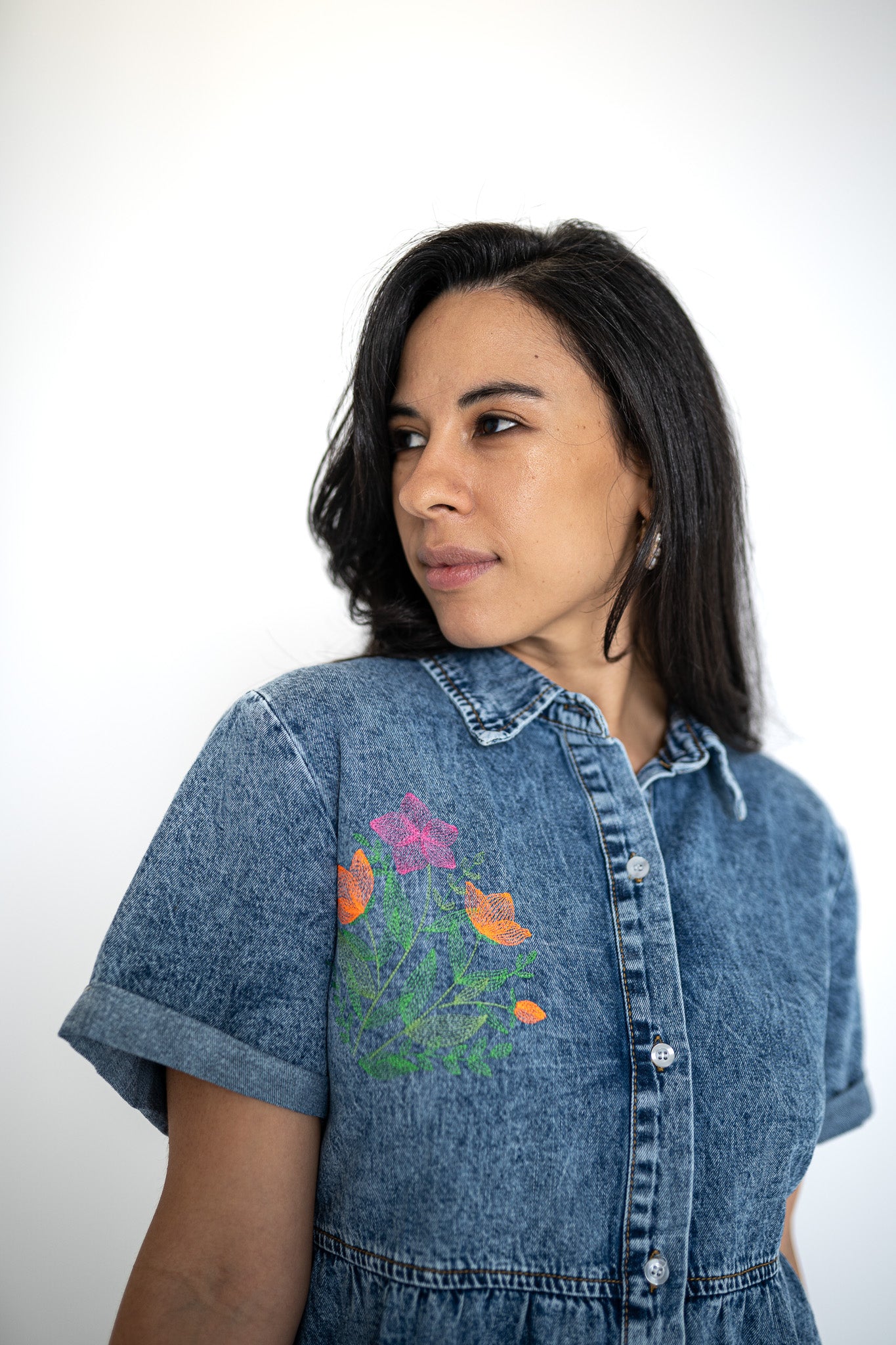 Delicate Wildflower Border Denim Dress