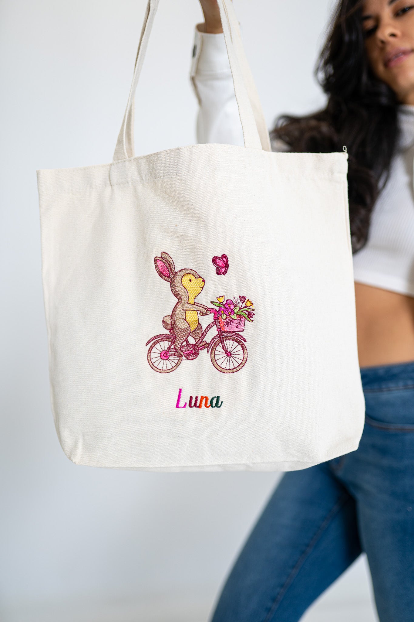 Sweet Story Book Bunny on Bike White Medium Canvas Tote Bag