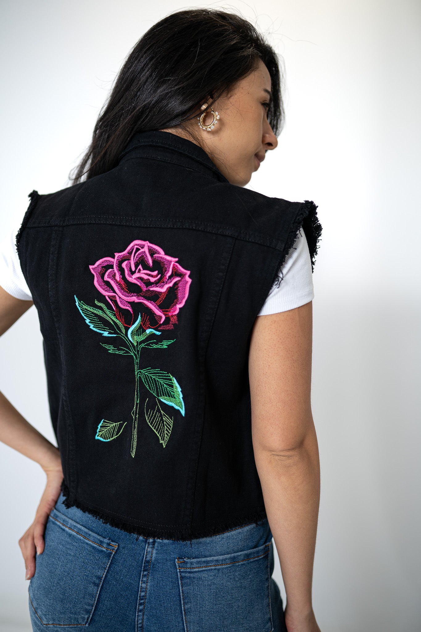 Romantic Rose Black Denim Vest