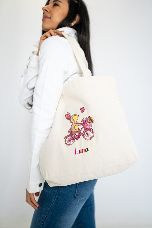 Sweet Story Book Bunny on Bike White Medium Canvas Tote Bag
