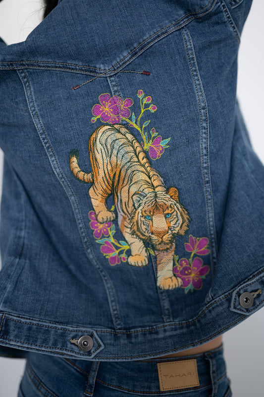 Tiger in Cherry Blossoms Ladies' Denim Jacket